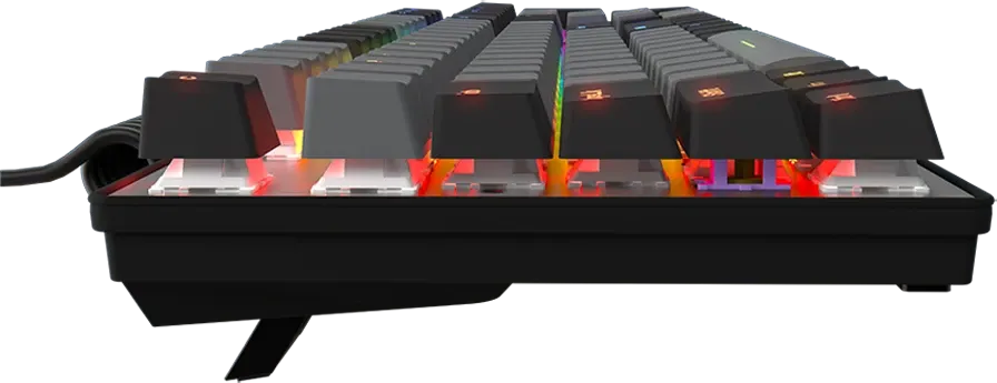 Mechanikus számítógépes billentyűzet oldalsó nézete élénk RGB háttérvilágítással fekete háttér előtt.