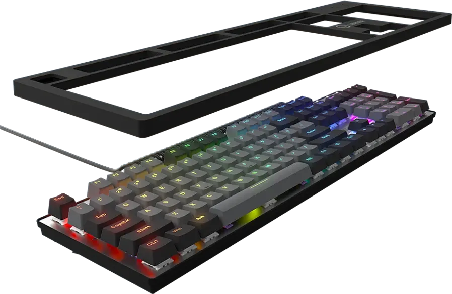 Mechanikus RGB billentyűzet levehető fekete kerettel sötét háttér előtt.