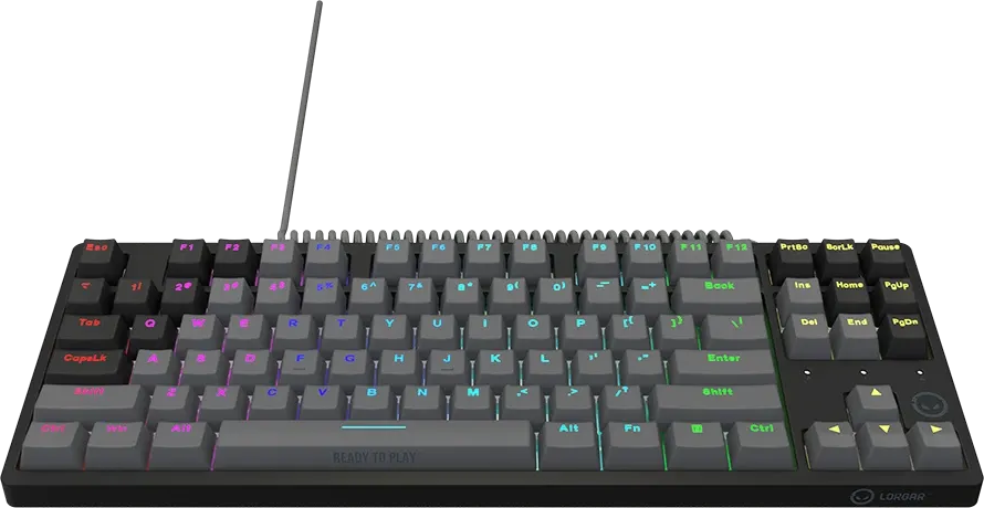 Fekete mechanikus billentyűzet szürke billentyűsapkákkal és többszínű RGB háttérvilágítással.