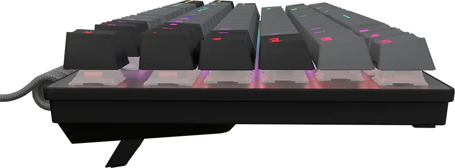 Mechanikus billentyűzet oldalsó nézete RGB háttérvilágítással és fonott kábellel.
