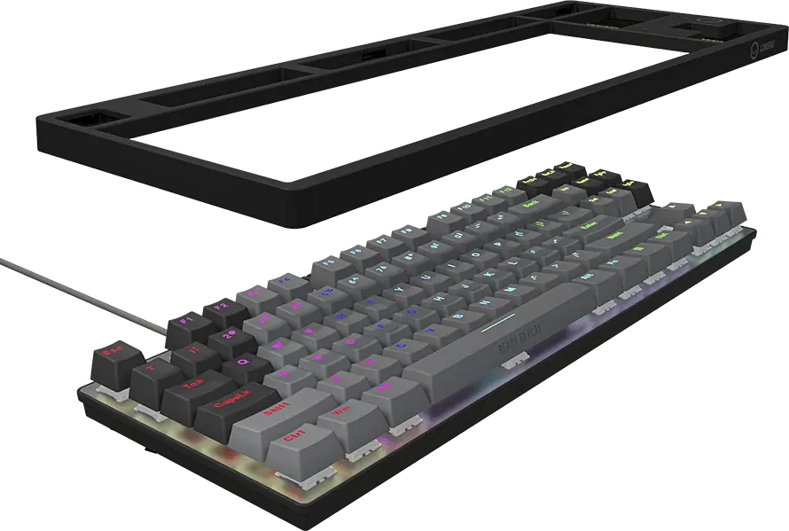 Fekete mechanikus billentyűzet RGB háttérvilágítással és levehető kerettel fekete háttér előtt.