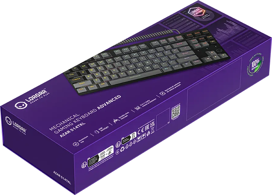 Lorgar Azar 514TKL mechanikus gaming billentyűzet a lila csomagolásán elhelyezve.