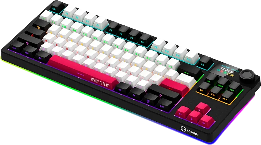 Fekete mechanikus billentyűzet fehér és piros gombokkal, RGB háttérvilágítással és kis kijelzővel fekete alapon.