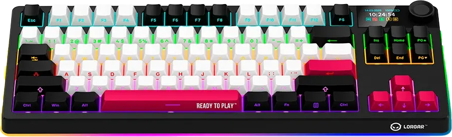 Fekete mechanikus billentyűzet fehér és rózsaszín gombokkal, RGB világítással.