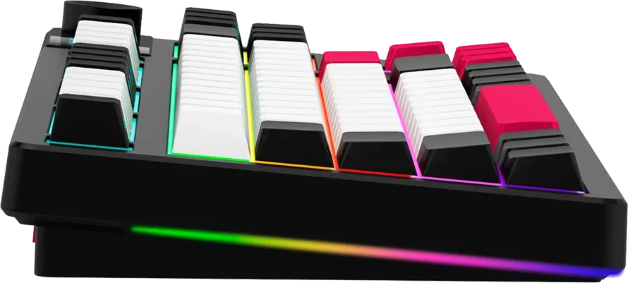Fekete makró billentyűzet RGB világítással, fehér és rózsaszín billentyűkkel, fekete háttérrel.