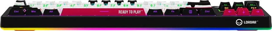 Egy mechanikus játékbillentyűzet RGB háttérvilágítással, fekete-fehér billentyűkkel és a "READY TO PLAY" felirattal.