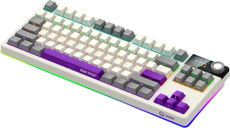 Mechanikus billentyűzet fehér, szürke és lila gombokkal, RGB világítással, kis digitális kijelzővel és forgatógombbal.