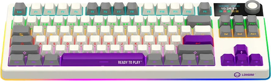 Fehér mechanikus gamer billentyűzet színes RGB háttérvilágítással, szürke és lila gombokkal, kijelzővel.