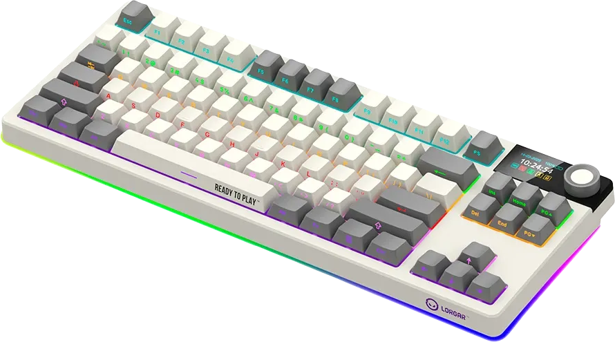 Fehér és szürke mechanikus billentyűzet RGB háttérvilágítással, kis képernyővel és forgatógombbal fekete háttéren.