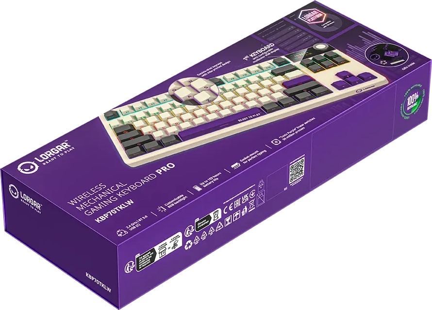 Lorgar Wireless Mechanical Gaming Keyboard Pro doboz lila színben, termékképpel és szöveggel.