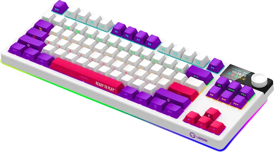 Mechanikus billentyűzet fehér, lila és rózsaszín gombokkal, RGB világítással, kis kijelzővel és vezérlőgombbal.