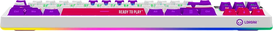 Egy fehér játék-billentyűzet lila, fehér és piros gombokkal, 'READY TO PLAY' felirattal és RGB háttérvilágítással.