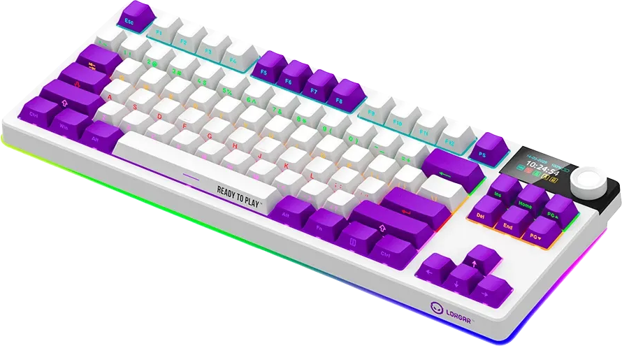 Fehér-lila gamer billentyűzet RGB világítással, kis kijelzővel és tekerőgombbal fekete háttér előtt.