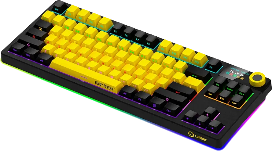 Fekete mechanikus gamer billentyűzet sárga gombokkal, RGB világítással, kis kijelzővel és tekerőgombbal.