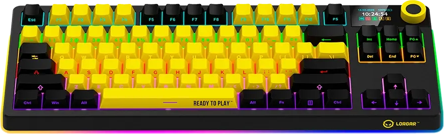 Fekete-sárga gamer billentyűzet RGB háttérvilágítással, digitális kijelzővel és hangerőszabályzóval.