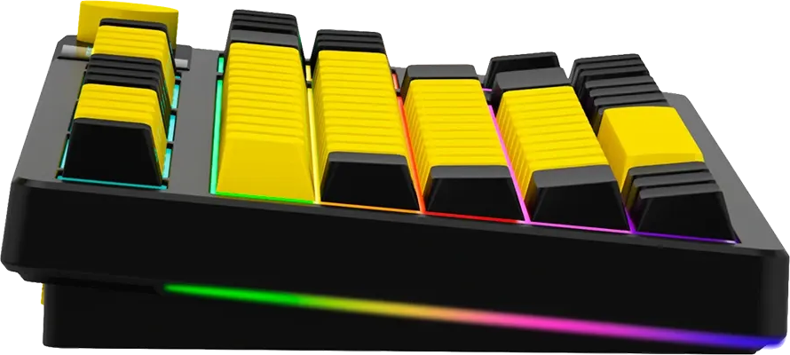 Egy fekete mechanikus billentyűzet sárga billentyűsapkákkal és élénk RGB háttérvilágítással.