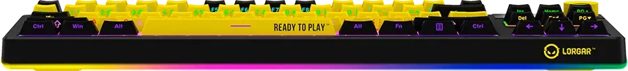 Fekete-sárga gamer billentyűzet RGB háttérvilágítással és READY TO PLAY felirattal a szóközön.