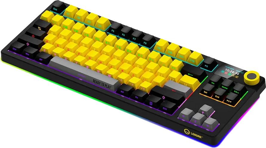 Mechanikus billentyűzet sárga és fekete gombokkal, RGB háttérvilágítással, kis kijelzővel és sárga tekerőgombbal.