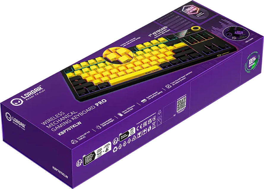 Lila doboz a Lorgar Wireless Mechanical Gaming Keyboard Pro-hoz, sárga és fekete billentyűkkel.