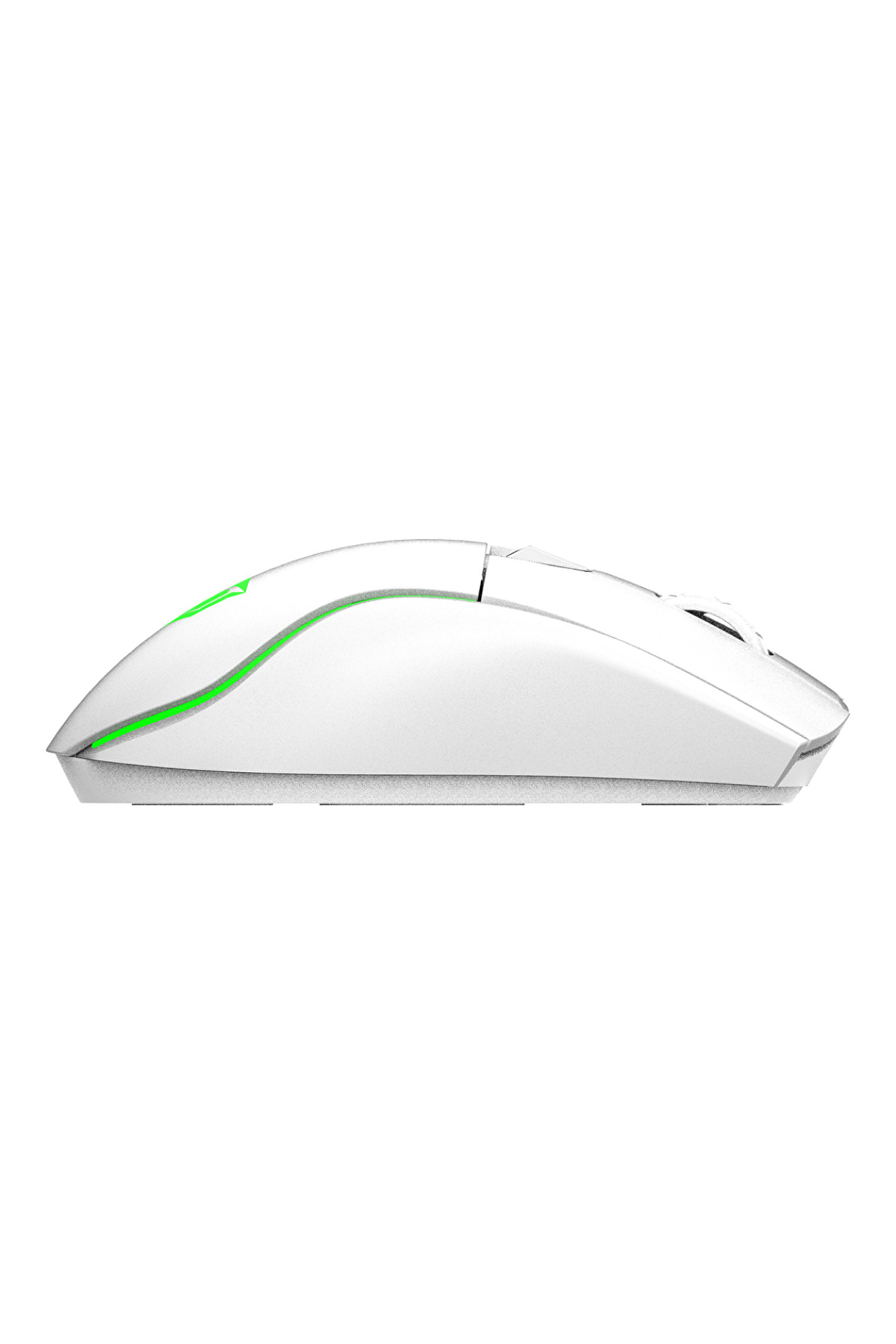 Beyaz arka planda yan profilden görünen, parlak yeşil ışık şeritli beyaz bir oyuncu faresi.