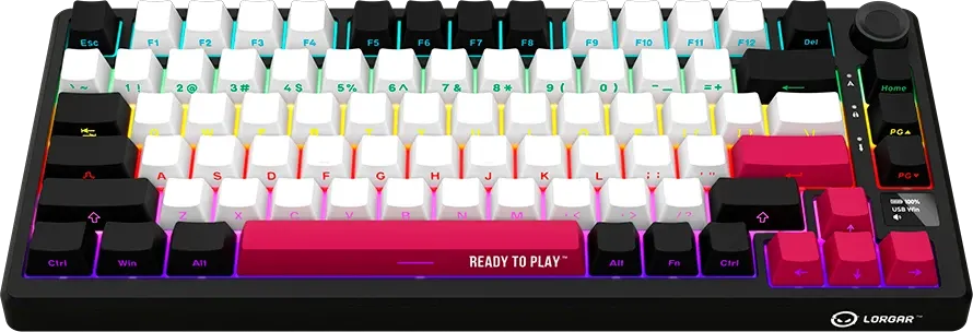 Mechanikus billentyűzet fehér és fekete gombokkal, piros díszítésekkel és színes RGB háttérvilágítással.