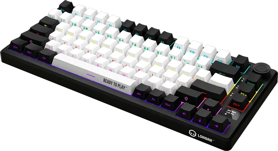 Egy kompakt mechanikus gaming billentyűzet fehér és fekete gombokkal, élénk RGB háttérvilágítással, fekete alapon.