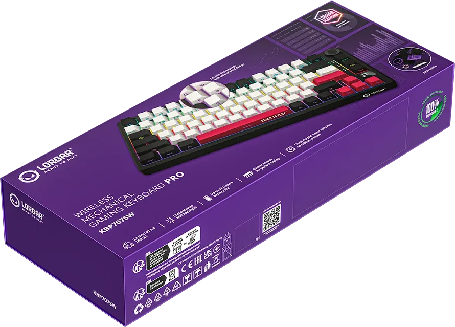 Lorgar vezeték nélküli mechanikus gaming billentyűzet lila dobozban, fehér, fekete és piros gombokkal.