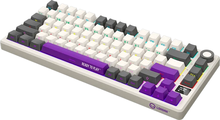 Egy fehér mechanikus billentyűzet szürke és lila gombokkal, RGB háttérvilágítással és READY TO PLAY felirattal.