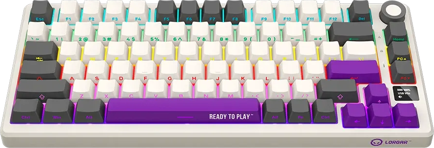Mechanikus billentyűzet fehér, sötétszürke és lila billentyűkkel, színes RGB háttérvilágítással.
