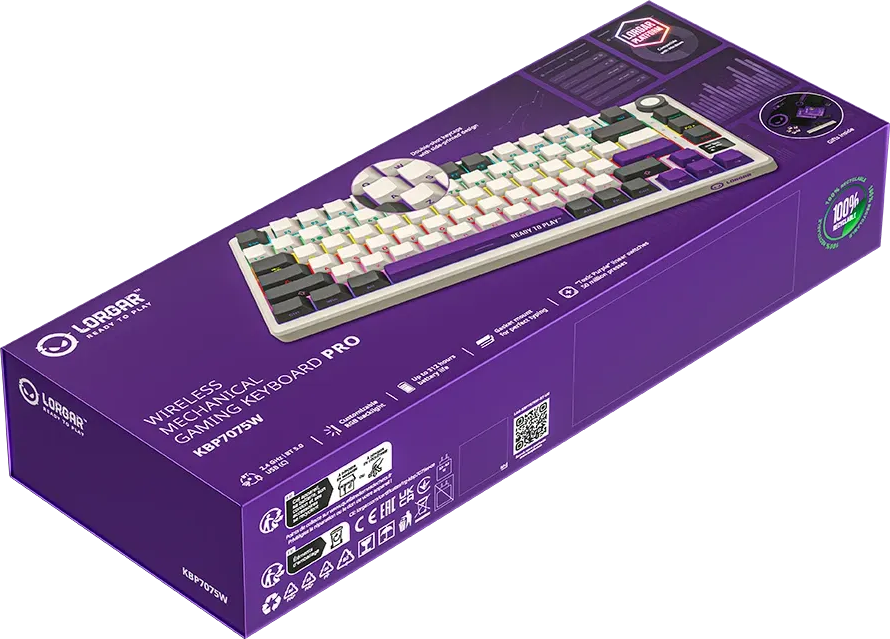 Lila csomagolás egy vezeték nélküli Lorgar mechanikus gaming billentyűzethez fehér és lila gombokkal.