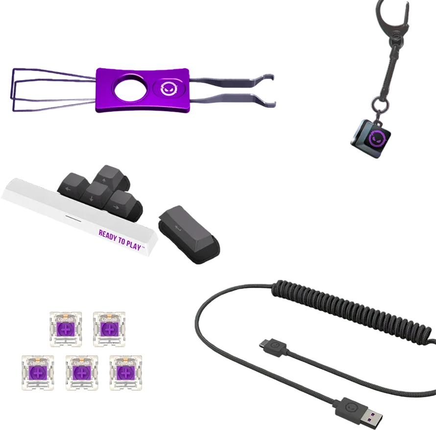 Játékos kiegészítők feketén: billentyűhúzó, kulcstartó, extra gombok, kapcsolók és egy spirális USB-kábel.