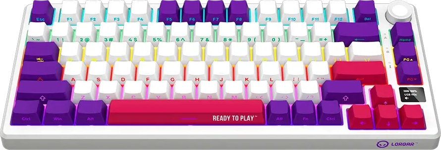 Egy fehér mechanikus billentyűzet lila és piros akcentusbillentyűkkel és RGB háttérvilágítással.