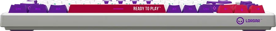 Fehér billentyűzet lila és piros részletekkel, a szóközön a 'READY TO PLAY' felirattal.