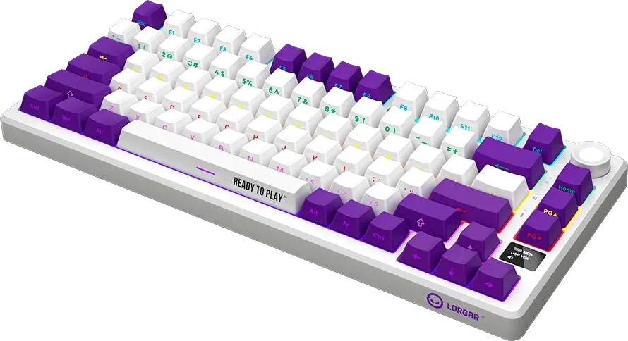 Fehér és lila mechanikus billentyűzet RGB világítással és Ready To Play felirattal a szóközön.
