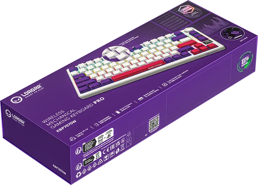 Lila termékdoboz a Lorgar KBP7075W vezeték nélküli mechanikus gamer billentyűhöz, a tetején nyomtatott képpel.