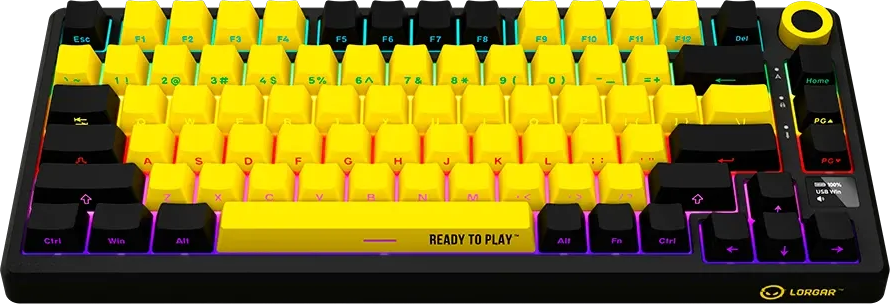 Mechanikus gaming billentyűzet sárga és fekete gombokkal, valamint színes RGB háttérvilágítással.