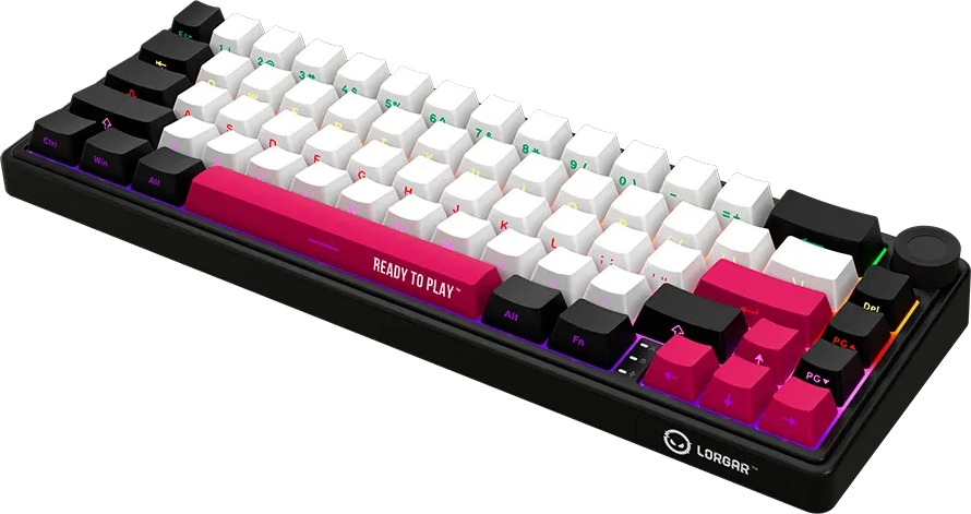 Mechanikus billentyűzet fekete házzal, fehér gombokkal, rózsaszín akcentusokkal és RGB világítással.