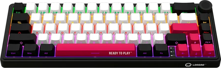 Egy fekete mechanikus billentyűzet fehér és rózsaszín gombokkal, színes RGB háttérvilágítással.