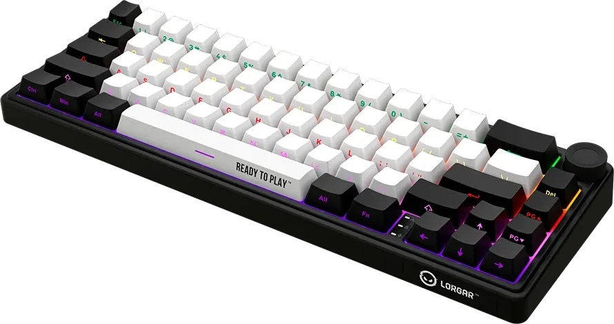 Kompakt mechanikus billentyűzet fekete-fehér gombokkal és RGB háttérvilágítással.