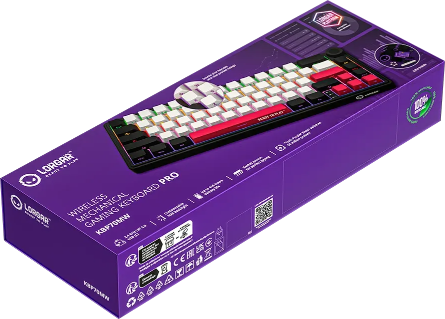Lila csomagolás a Lorgar vezeték nélküli mechanikus gaming billentyűzethez, nyomtatott képpel.