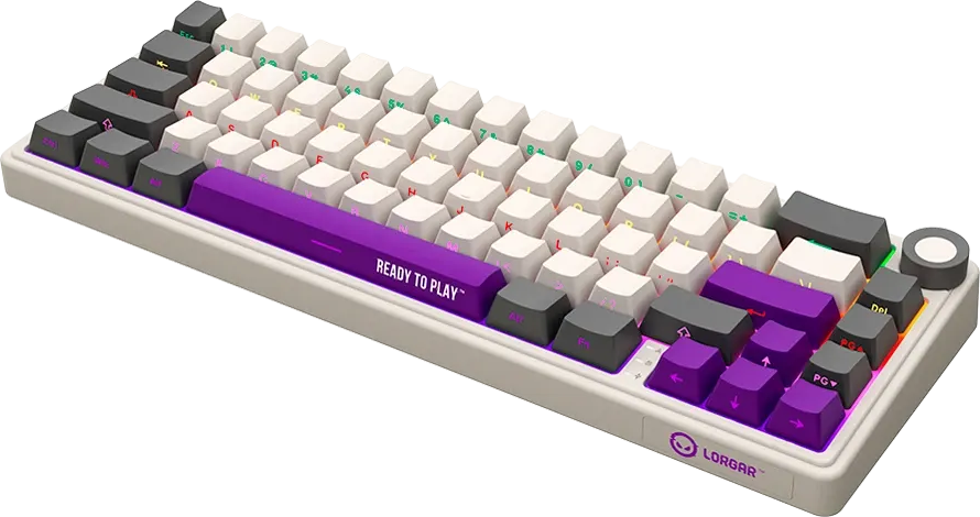 Egy fehér, szürke és lila gamer billentyűzet RGB világítással és egy forgatógombbal.