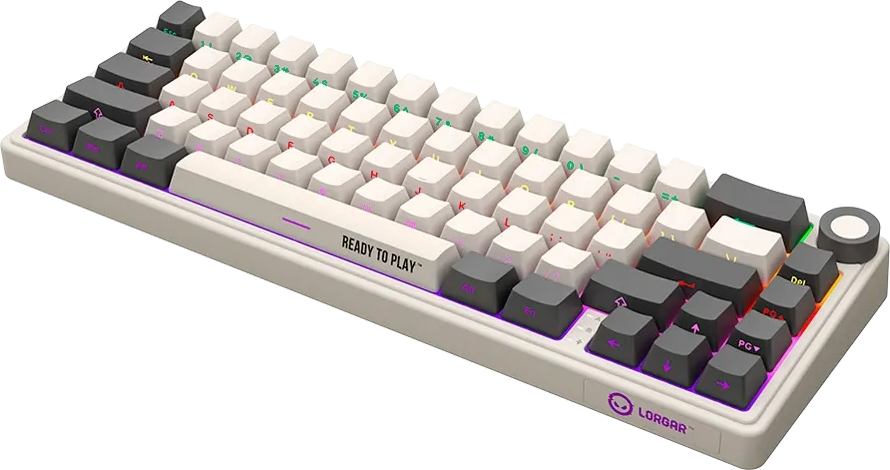 Egy fehér és sötétszürke mechanikus billentyűzet RGB háttérvilágítással és Ready to Play felirattal.
