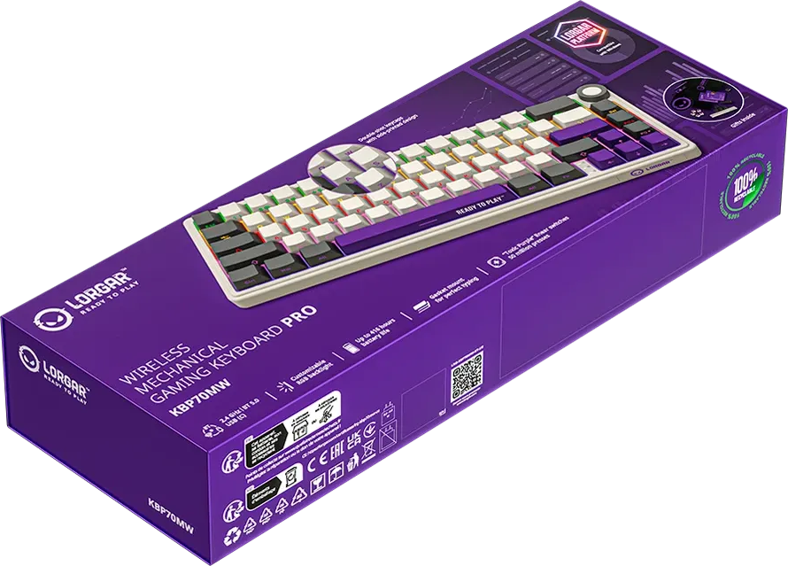 Lorgar Wireless Mechanical Gaming Keyboard Pro lila dobozban.