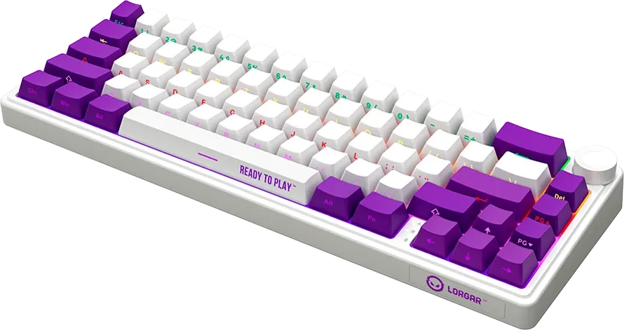 Egy fehér és lila mechanikus billentyűzet RGB háttérvilágítással, hangerőszabályzóval és a 'READY TO PLAY' felirattal.