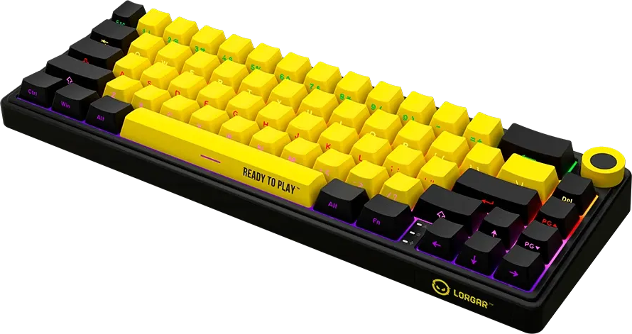 Fekete mechanikus billentyűzet élénksárga billentyűkupakokkal, RGB világítással és forgatógombbal.