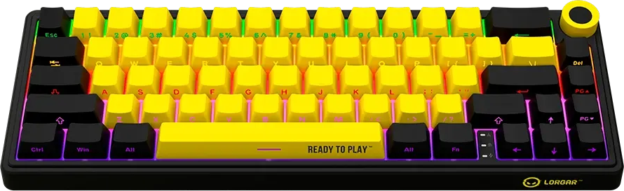 Fekete mechanikus billentyűzet sárga billentyűkupakokkal és színes RGB háttérvilágítással.