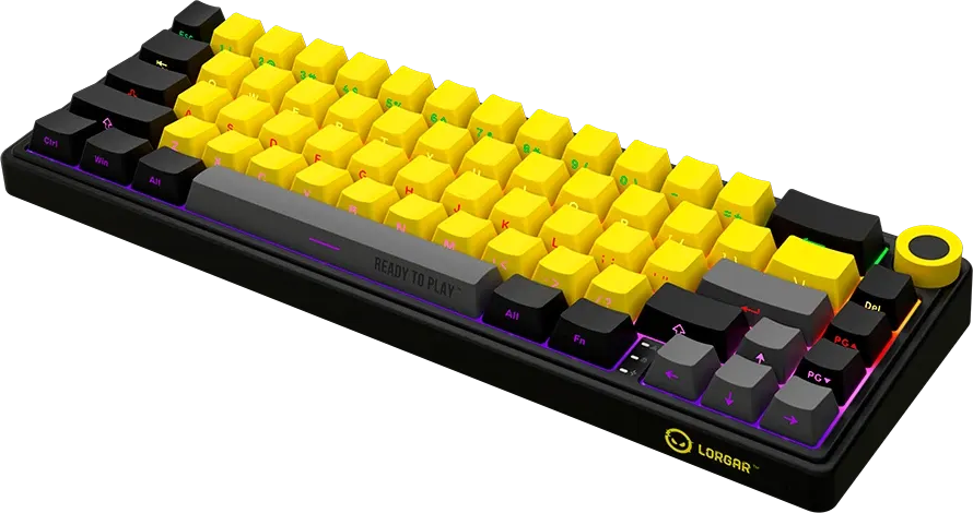 Fekete gamer billentyűzet sárga, szürke és fekete billentyűkkel, RGB megvilágítással.