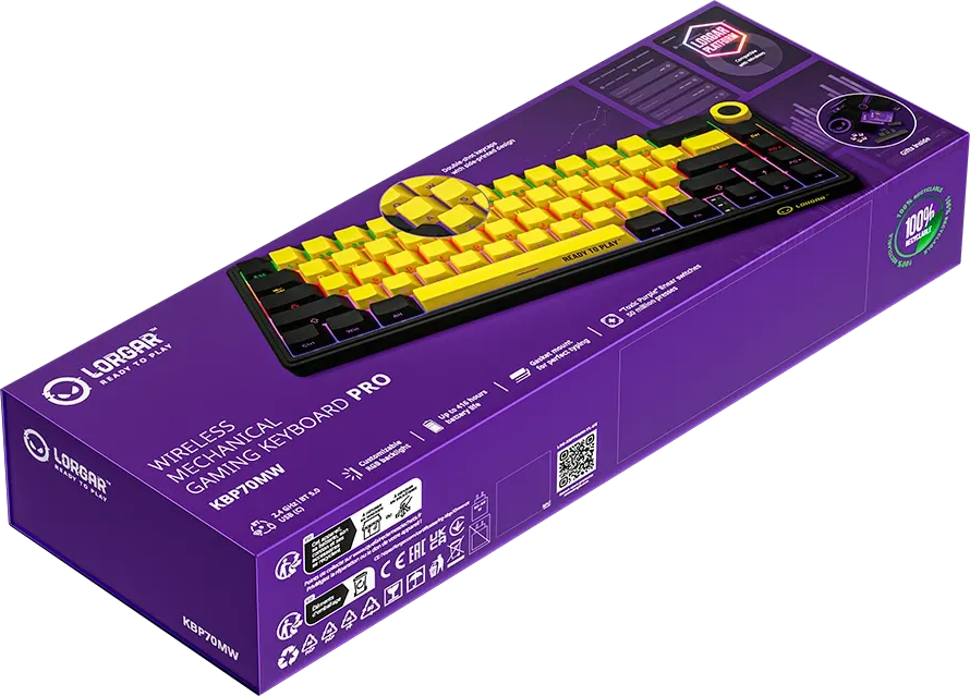 Lila doboz a Lorgar KBP70MW vezeték nélküli mechanikus gamer billentyűzethez sárga és fekete gombokkal.