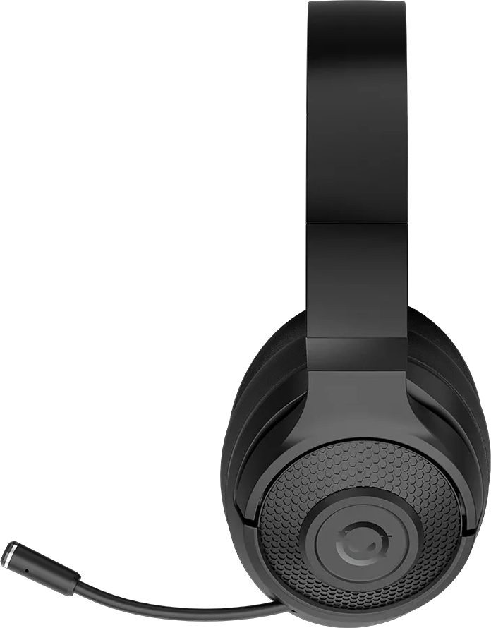 Fekete gamer headset mikrofonnal fekete háttér előtt.