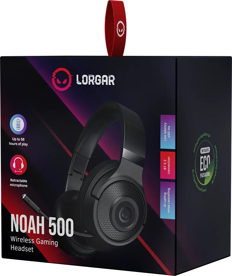 A Lorgar Noah 500 vezeték nélküli gaming headset fekete doboza piros és kék részletekkel.